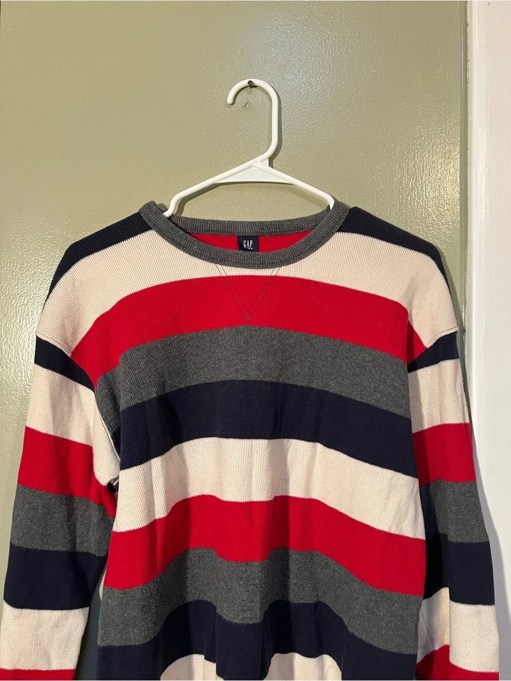 Vintage Gap Kids Sz XXL Crewneck Sweater White Navy Blue Red Gray Stripes Cotton